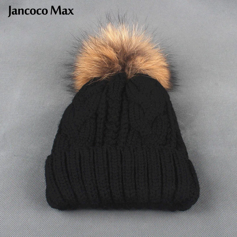 Jancoco Max детская шапка с помпоном из натурального меха енота зимние теплые детские