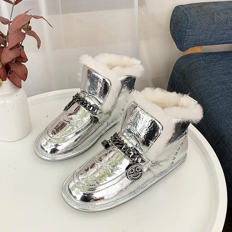 Европейская станция яркие металлические ботинки из меха ягненка зимние