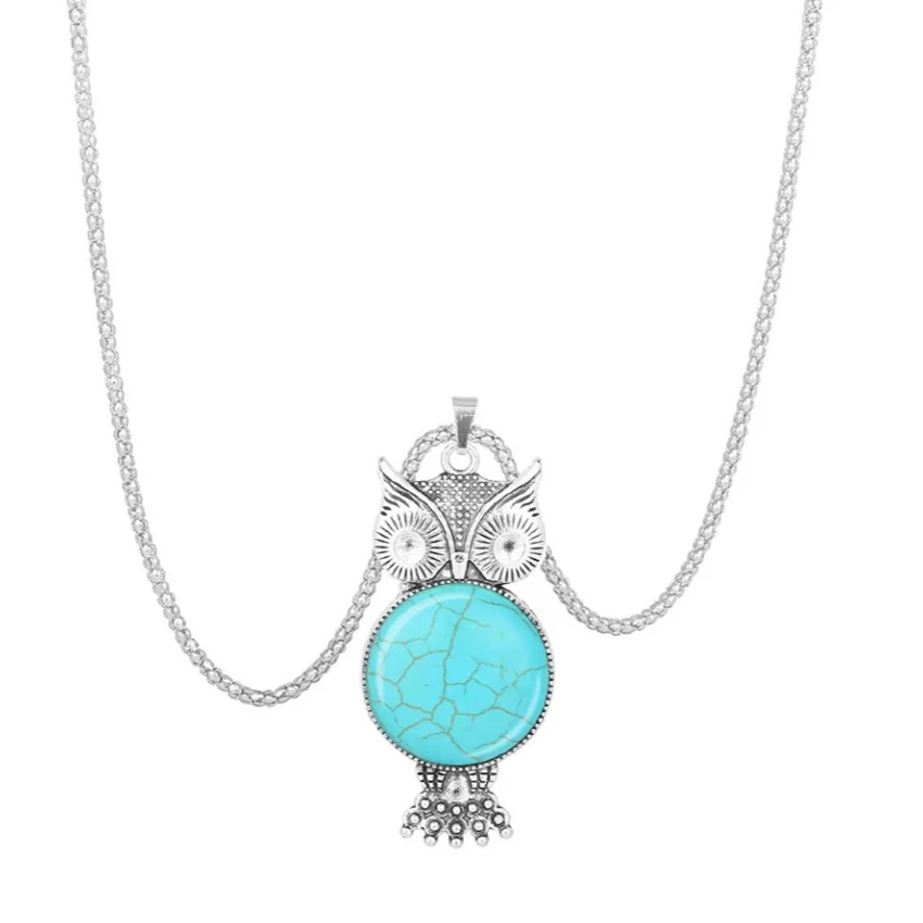 

Silver Plated Alloy Wisdom Owl Shape Green Turquoises Stone Pendant Link Chain Necklace Animal Jewelry