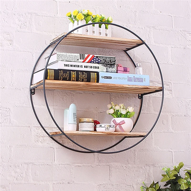 Round Wall Unit Retro Industrial Style Wood Metal Shelf Storage Decoration Home | Обустройство дома