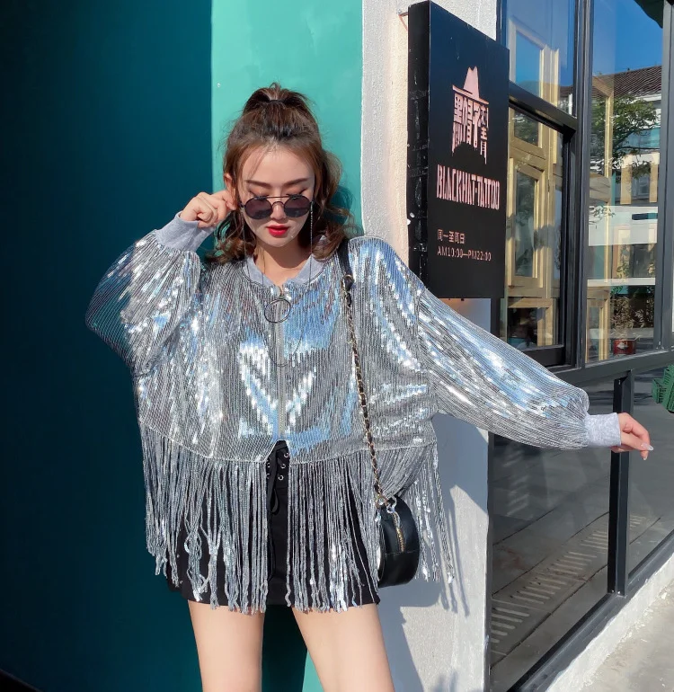 

Vefadisa Full Sequin Tassel Coat Women 2021 Autumn Solid Stand Collar Jacket Zipper Long Sleeve Loose Coat With 6 Color QYF1654