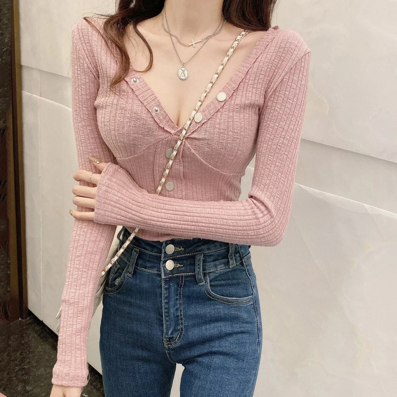 

long sleeve sweaters and pullovers button solid v-neck sexy style autumn moda feminina Women's Clothing Simple ladies tops
