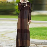 zanzea autumn women dubai muslim islamic kaftan long dress vinatge plaid checked pirnted puff sleeve abaya kaftan maxi dress