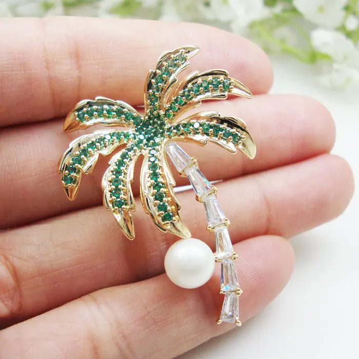 

New Zircon Crystal Coconut Tree Pearl Green Brooch Pin High Quality Gifts