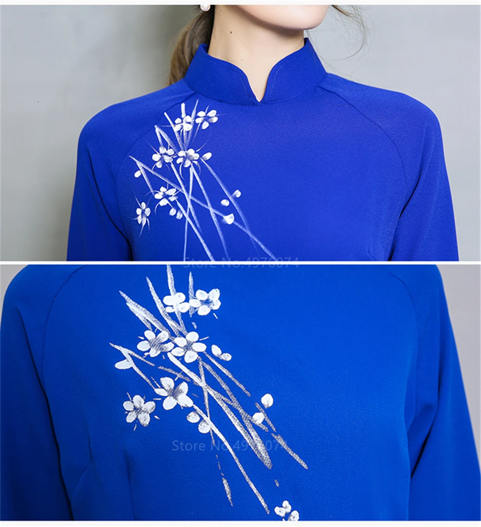 Новинка, вьетнамские халаты в народном стиле, шифоновое платье Aodai, изящное платье со стоячим воротником, элегантная традиционная одежда с цветочным рисунком, Cheongsam