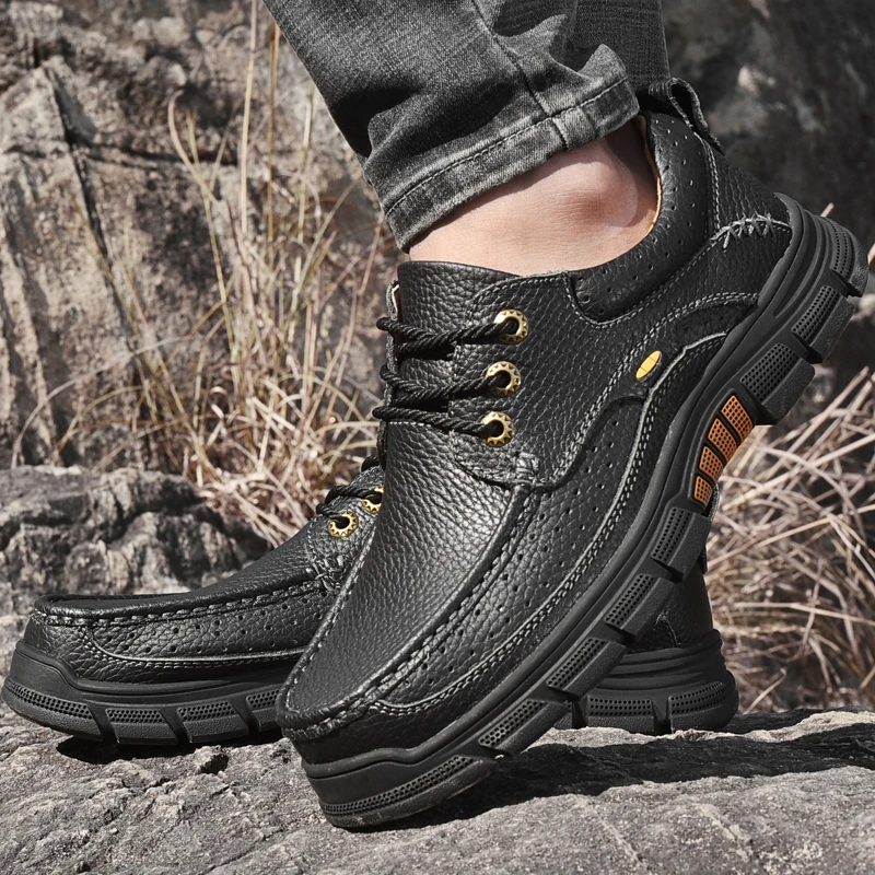 

Кроссовки мужские из натуральной кожи, Прошитые вручную, на шнуровке, модная обувь, черные коричневые, весна-осень