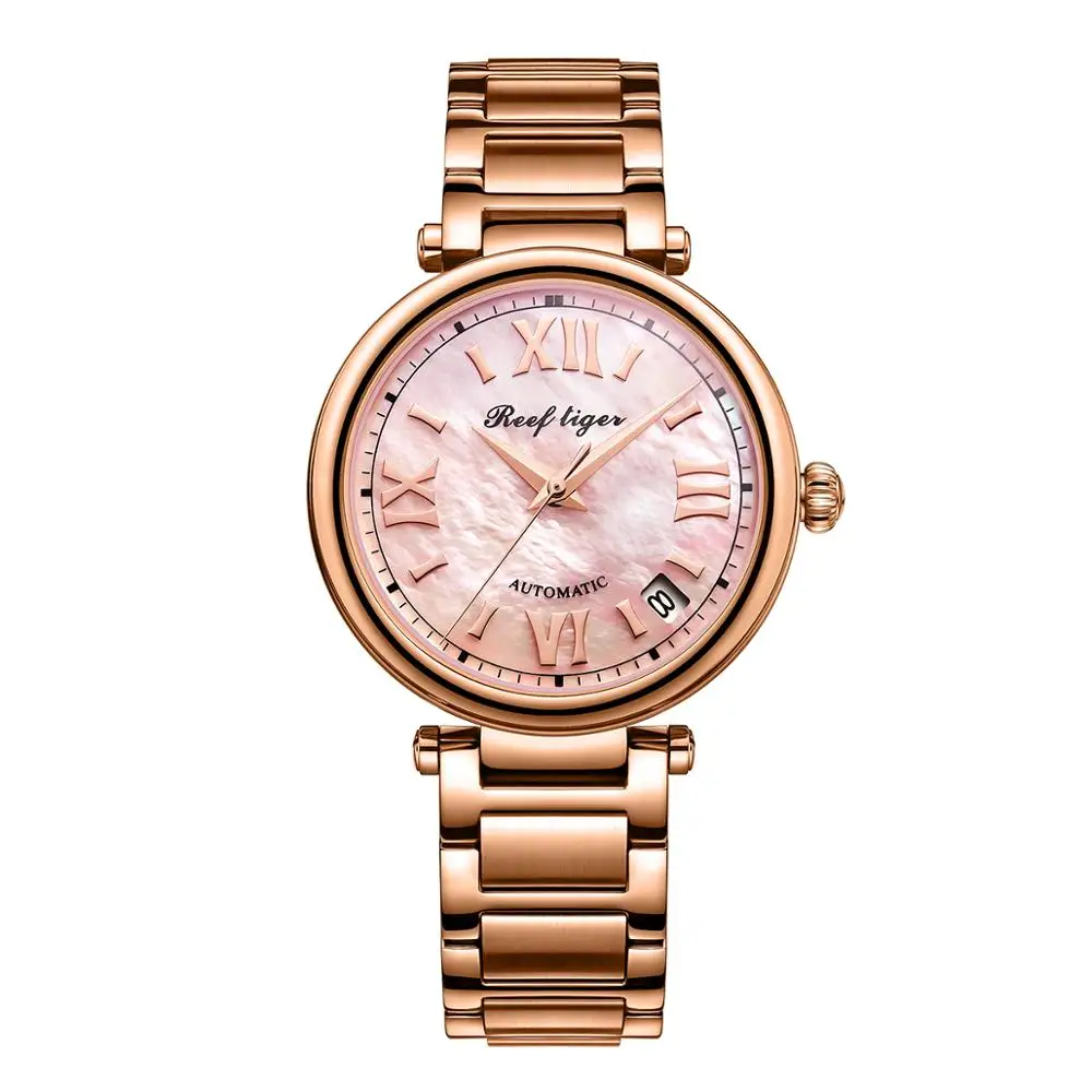 Reef Tiger/RT 2020 Top Brand Rose Gold Luxury Ladies Watch Sapphire Automatic Watch for Women Steel Bracelet Watches RGA1595 enlarge
