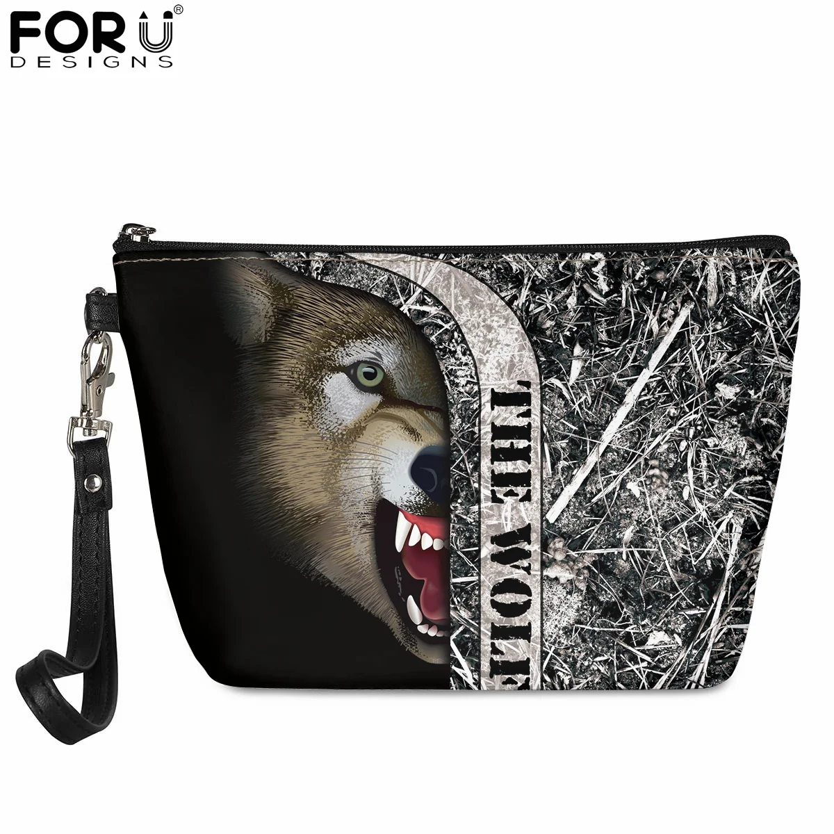 

FORUDESIGNS 3D Cool Ferocious Wolf Print Ladies Luxury Cosmetic Case PU Leather Make Up Bags Women's Functional Travel Pouch Sac