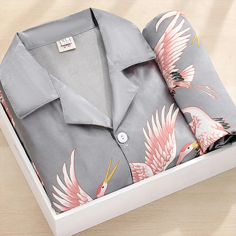 

2021 Summer Silk Satin Pajamas Set Woman Printed Long Sleeve Sleepwear Pijamas Suit Female Sleep Two Piece Loungewear Plus Size