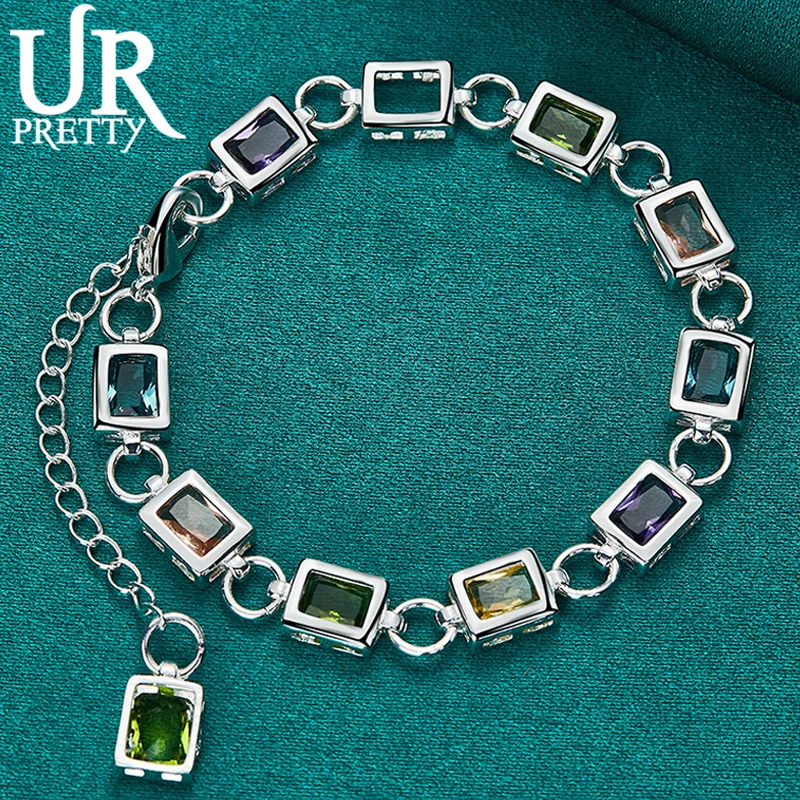 

URPRETTY 925 Sterling Silver AAA Multicolor Water Drop Zircon Chain Bracelet For Women Wedding Engagement Charm Jewelry Gift
