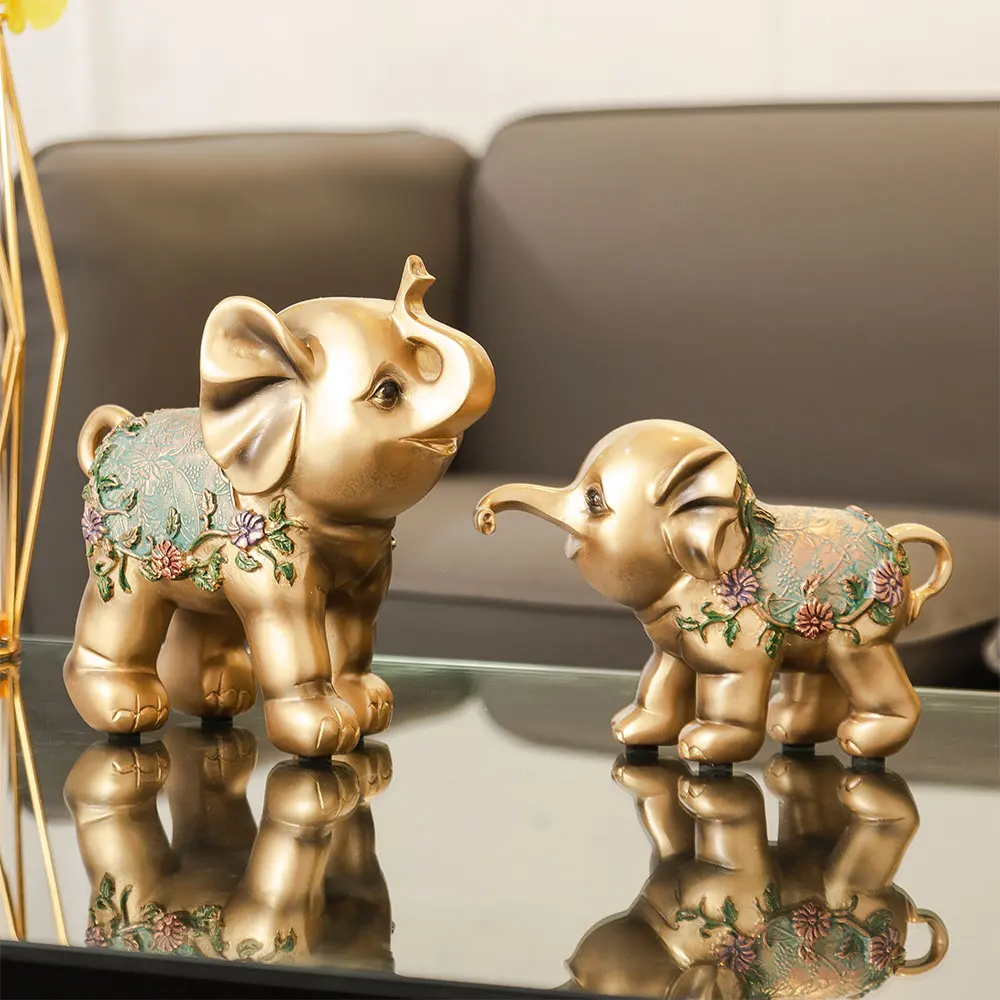 

Modern Golden Elephant Statue Resin Ornament Home Chinese Decoration Accessories Gifts Office Living Room Sculpture Animal Craft