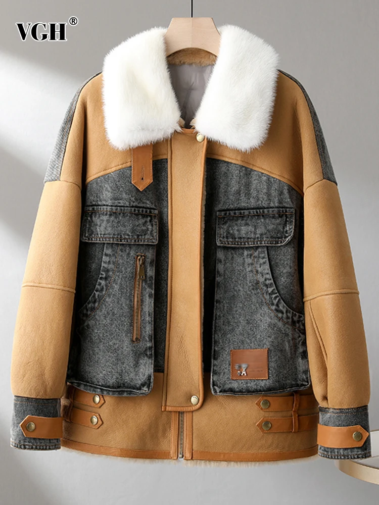 

VGH Patchwork Denim Colorblock Jacket For Women Lapel Collar Long Sleeve Straight Thick Coat Female Korean Fashion Clothing 2021
