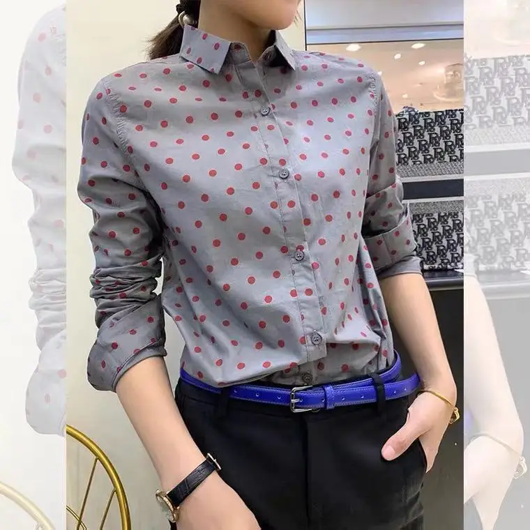 

2021 spring and summer new regular classic retro Polka point Lapel long sleeve shirt slim dot top