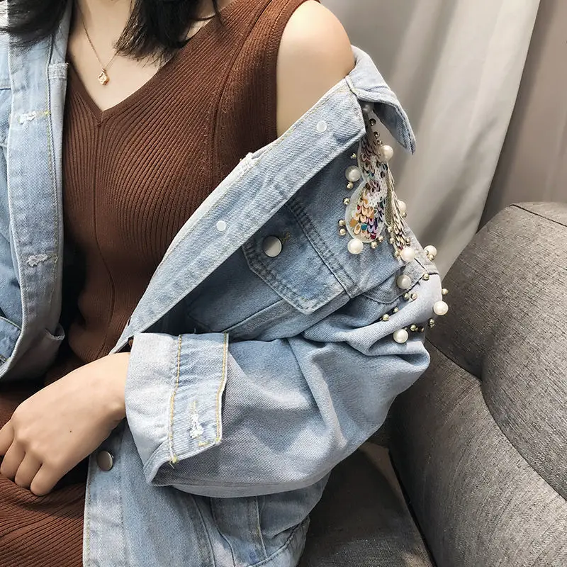 Джинсовое пальто с блестками и бусинами в Корейском стиле на осень универсальная