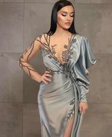 2022 silver sheath long sleeves evening dresses wear crystal beading high side split floor length party dress prom gowns open ba
