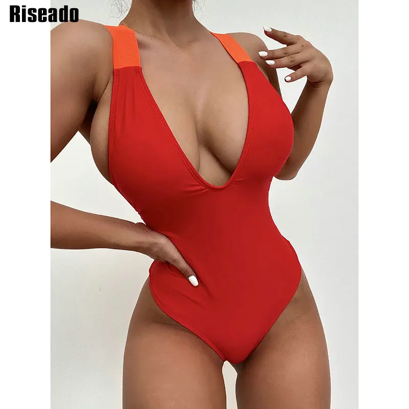

Riseado Plunging One Piece Swimsuit Sexy Colorblock Swimwear Women 2021 High Cut Bodysuit Female Criss Cross Bathing Suit Summer