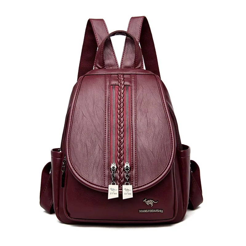 Burgundy Модный женский рюкзак на двойной молнии, женский рюкзак из овечьей кожи, женский рюкзак для путешествий, сумка на плечо, Sac A Dos Femme - Цвет: Burgundy