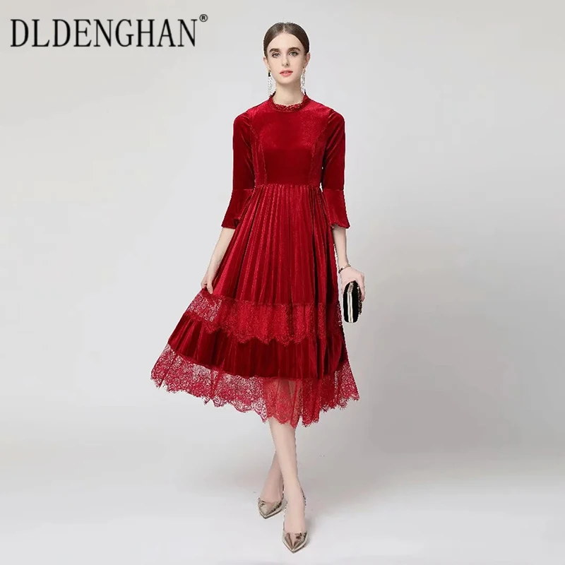 

Модное дизайнерское осеннее бархатное платье DLDENGHAN, женские винтажные платья миди с воротником-стойкой, расклешенными рукавами и кружевом ...
