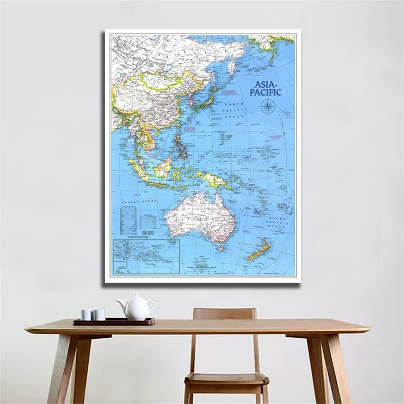 

24x36 inches Fine Canvas Hanging Wall Art Painting Printed Map of Asia Pacific For Home Office Decor