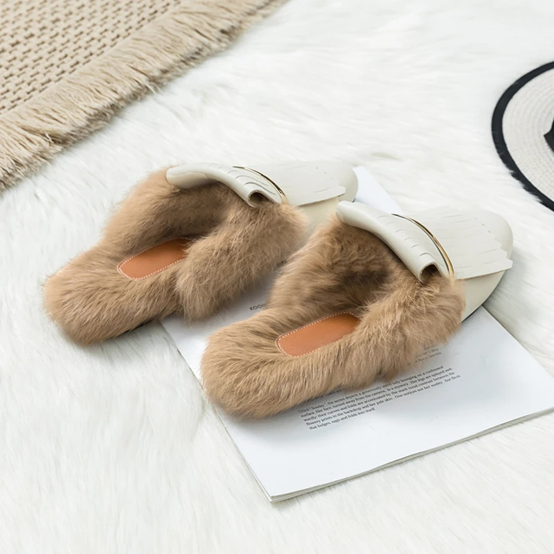 Женские уличные тапочки с кроличьим мехом Новинка 2020 года Лоферы Baotou Женская