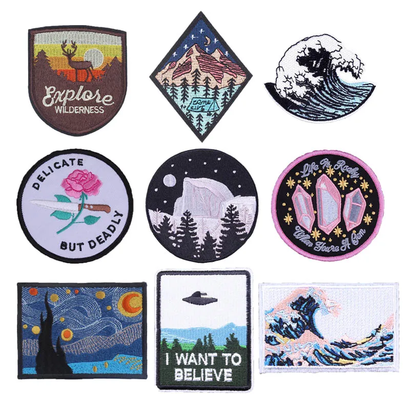 Iron Patches Para Jaquetas Painting Landscape Badge Art Mountain Lovely Applique On Clothes Handmade Sewing Stickers On Fabric