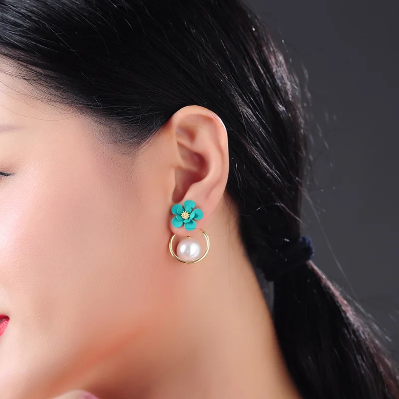 Fashion Drop Earrings For Women Ins Cute Sweet Gold Color Circle Light Blue Enamel Petals Flowers Acrylic Pearl Dangle Earring Jewelry Accessory