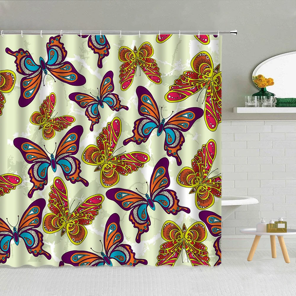 

Vintage Hand Drawn Animal Elephant Butterfly Flower Shower Curtain Bathroom Supplies Fabric High Quality With Hook Cloth Curtain