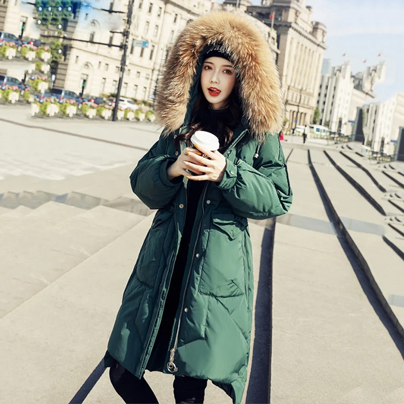 Длинное пальто на утином пуху зеленое/белое/черное в Корейском стиле теплая
