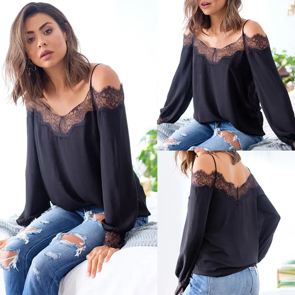 Блузка женская кружевная с открытыми плечами модный пикантный Свободный