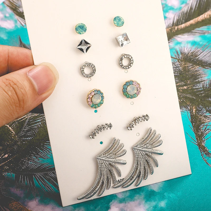 Fashion personality street beat inlaid flowers leaves Pearl drops ear nail earrings set | Украшения и аксессуары