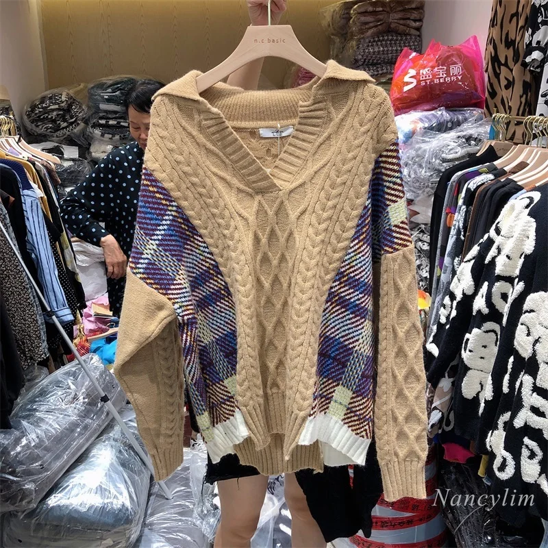 

Sweater 2020 Autumn and Winter New Korean Style Lapel Patchwork Contrast Color Loose Pullover Outer Wear Knitwear Coat for Women