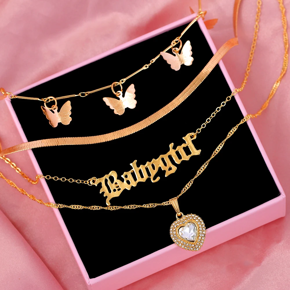 

Flatfoosie Multilayer Butterfly Babygirl Letter Pendant Necklace for Women Gold Color Heart Crystal Choker Necklace Boho Jewelry