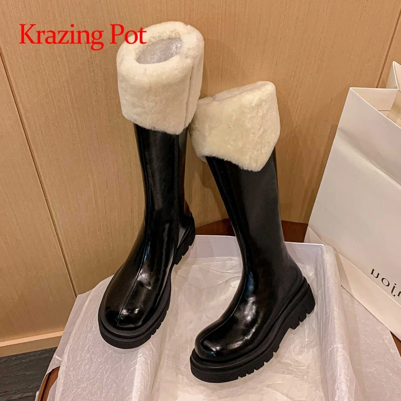 

Krazing pot cow split leather round toe thick bottom snow boots England style winter keep warm retro basic thigh high boots L22
