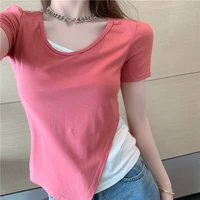 2021 summer cotton short sleeve t shirt female irregular contrast color street style office lady