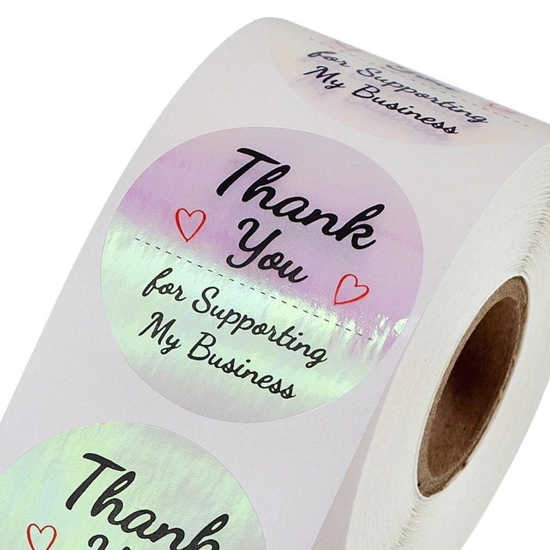 

500Pcs/roll 1.5 Inch Thank You for Supporting My Business Stickers Roll Holographic Rainbow Round Adhesive Label DIY Supplies