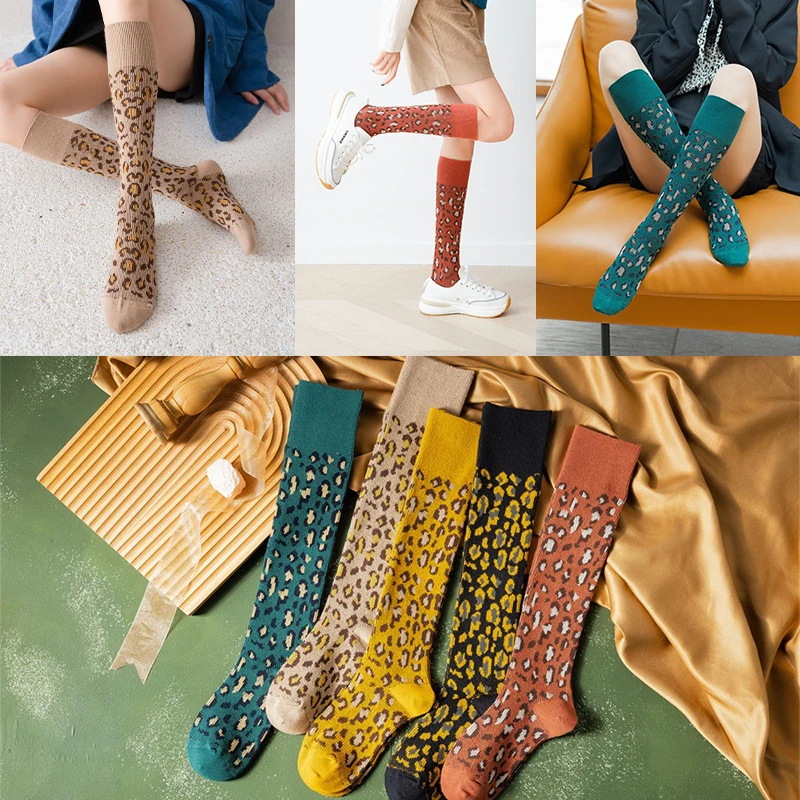 

A Pair of Leopard Print Ladies Calf Tube Knee-length Stockings Japanese and Korean Retro Fashion Spring and Summer Cotton Socks