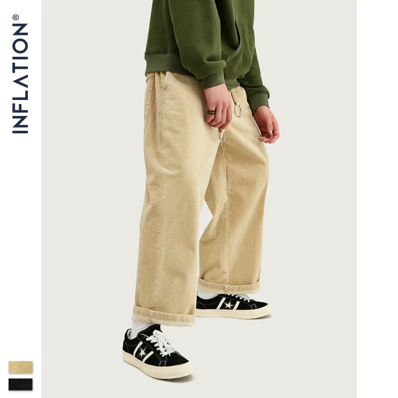 INFLATION 2020 Winter Men Casual Wide-legged Pants Corduroy Loose Fit Overalls Solid Color Pant 93330W | Мужская одежда