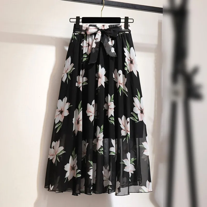 

Boho Women Summer Long Skirts Beach Holiday Sundress Flower Printed Elegant Casual Clothes Chiffon Skirts