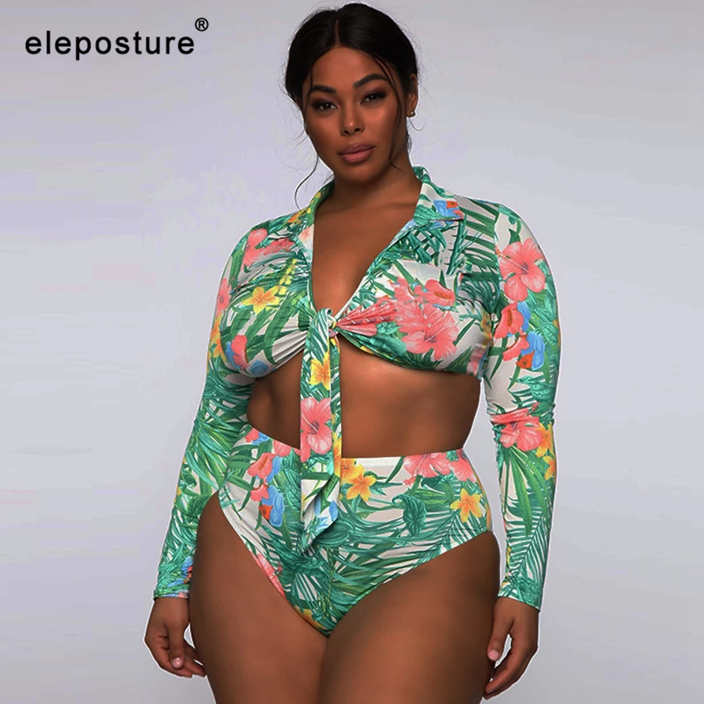 

Sexy Plus Size Swimwear Women 2022 Leaves Print Bikini Long Sleeves Swimsuit Female High Waisted Bathing Suits Summer Beach Wear
