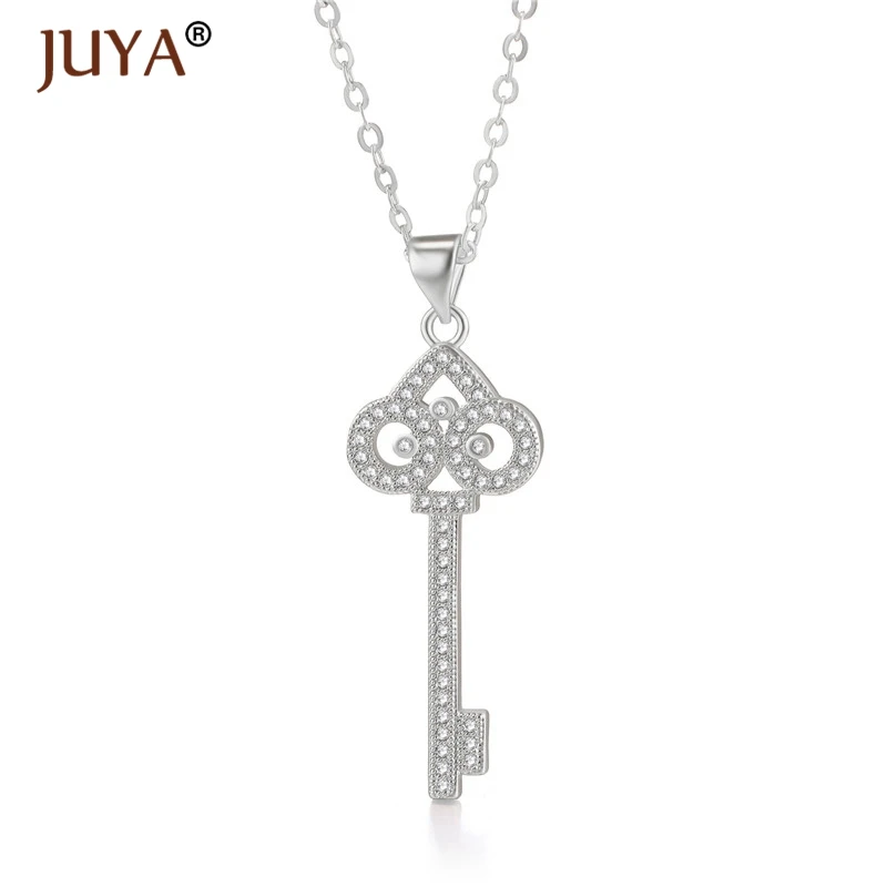 fashion statement necklaces for women Luxury Jewelry Copper Zircon Rhinestone Key Pendants Necklace Silver Femme