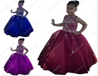 2021 cute burgundy royal blue purple little girls kids wedding party special occasion pageant dresses cheap sheer neck crystal