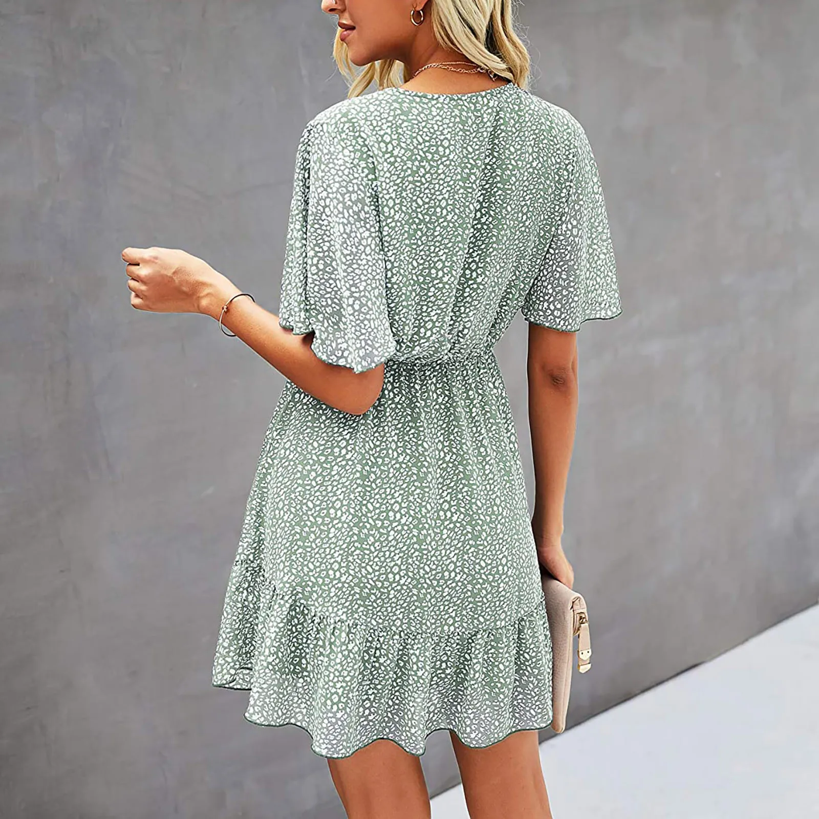 Летнее платье с короткими рукавами и оборками, повседневное платье вечеринки на пляже, платья с высокой талией мини Роб Femme Été#g35.