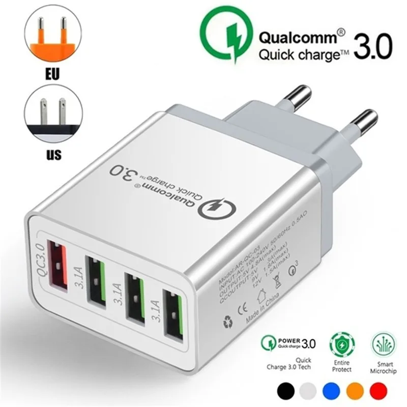 

4 Port Quick Charge 3.0 Fast Mobile Phone Charger EU / US Plug Wall USB Charger Adapter for Smart Devices 5 Colors