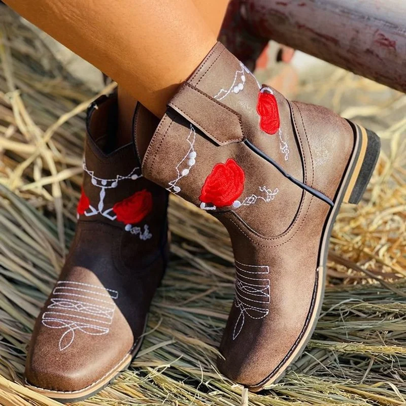 

Женские ковбойские ботинки с вышивкой, ботинки до середины икры на среднем каблуке, с круглым носком, на квадратном каблуке, осень 2021