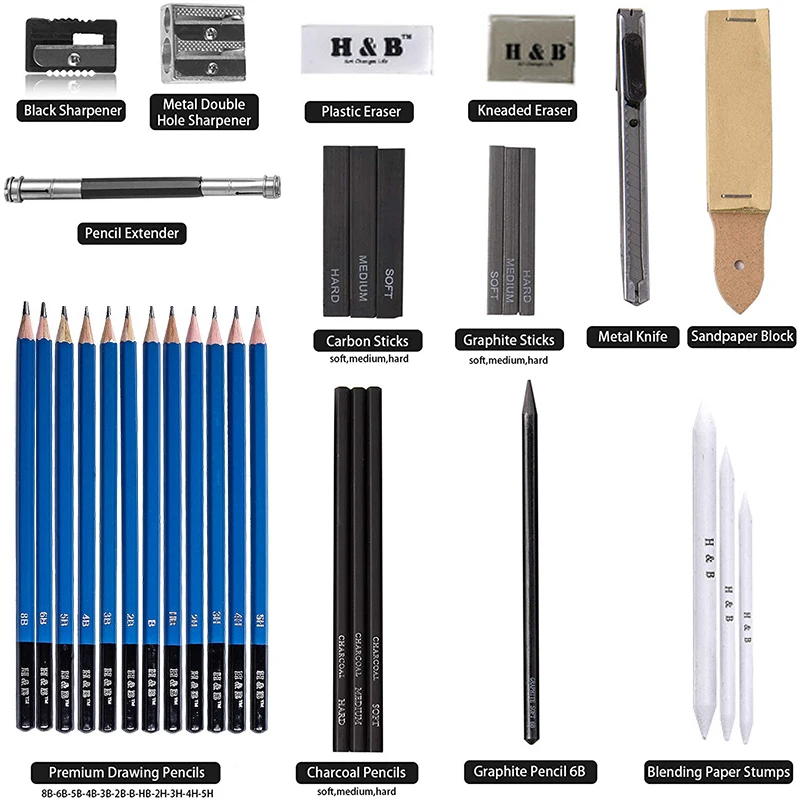 Professional Art Set 32 PCS Drawing and Sketching Set Drawing Sketching Charcoal Pencils. Kneaded Eraser. Art Kit for Kids Teens