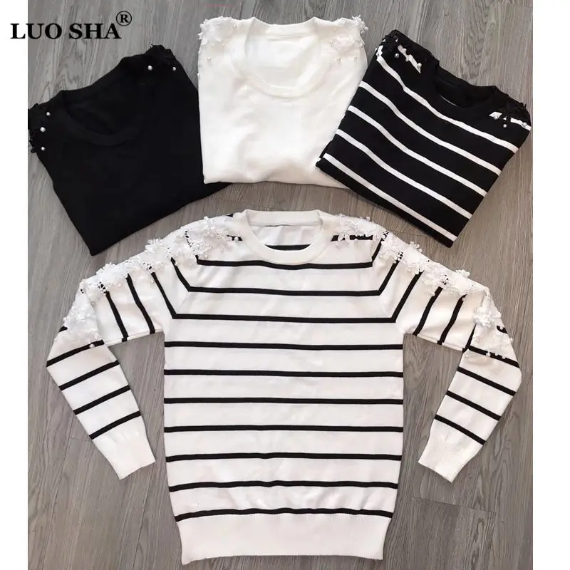 LUOSHA женский осенне-зимний кружевной топ с вырезами жемчужный пуловер и свитер