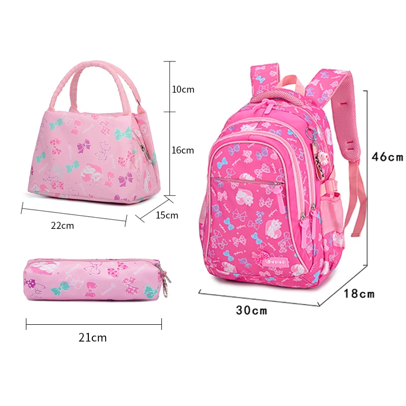 

3Pcs Per Set Pink Bow Print Girl School Backpack Large Capacity Nylon Waterproof School Bags for Girl Lovely Girl Shoulder Bag