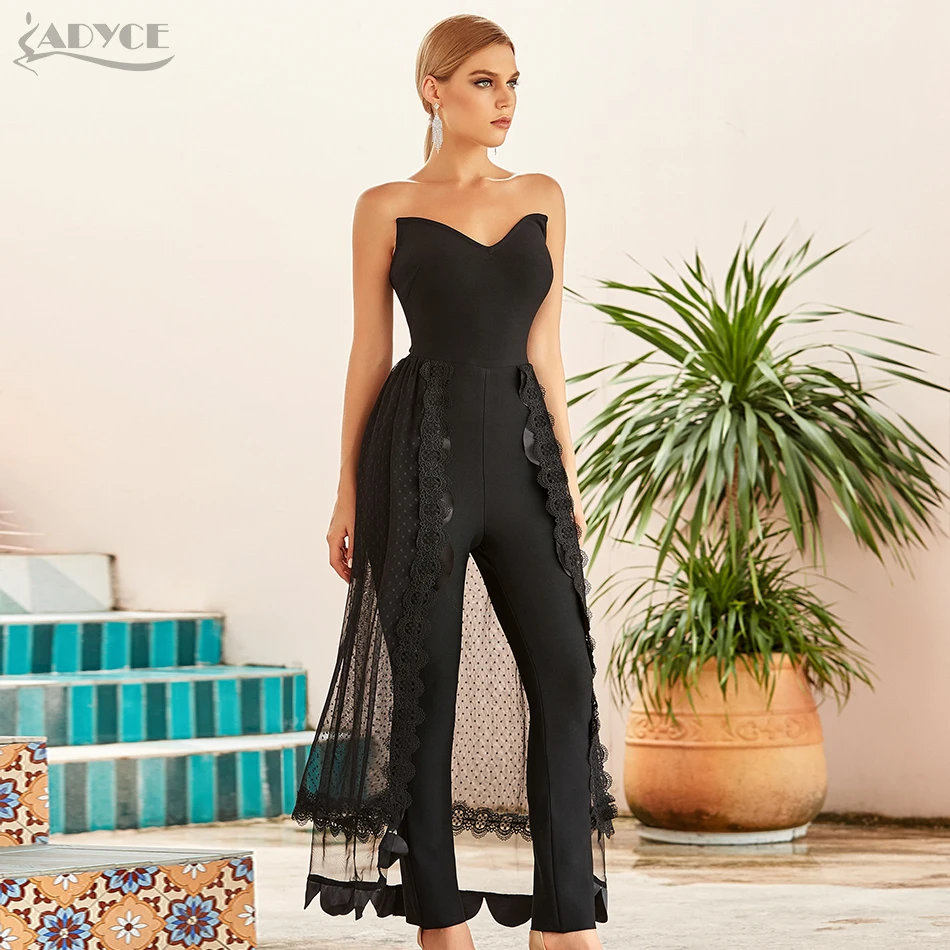 ADYCE Bandage Jumpsuits For Women 2021 Black Bodycon Bandage Jumpsuits Club Sexy Stapless Lace Bodysuit Romper Long Pants