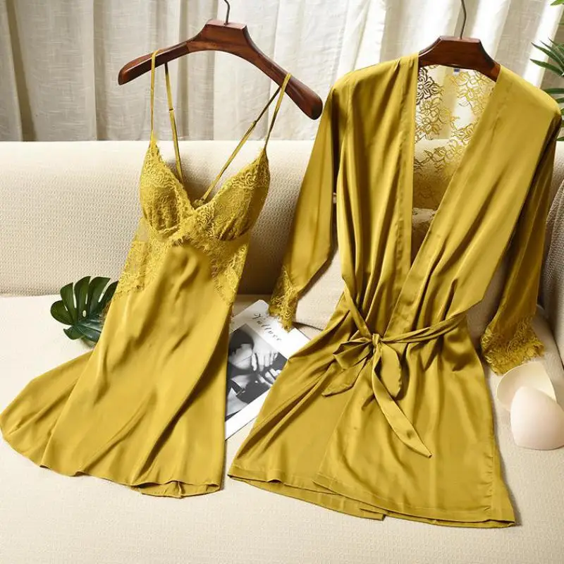 

Full Slip Lace Robe Set Women 2PCS Nightwear Perspective Kimono Bathrobe Gown Intimate Lingerie Satin Casual Sleep Set Nightwear