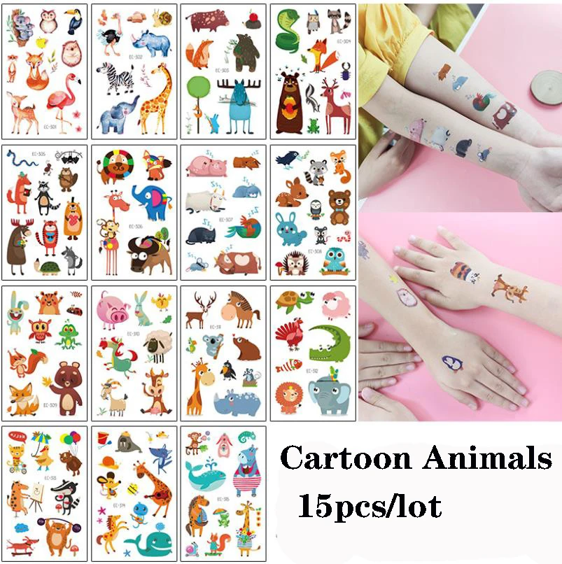 

15pcs/set Kids Temporary Tattoos Cartoon Animal Fake Tattoo Sticker Lovely Tatoo Waterproof Tatto For Boy Girl Children